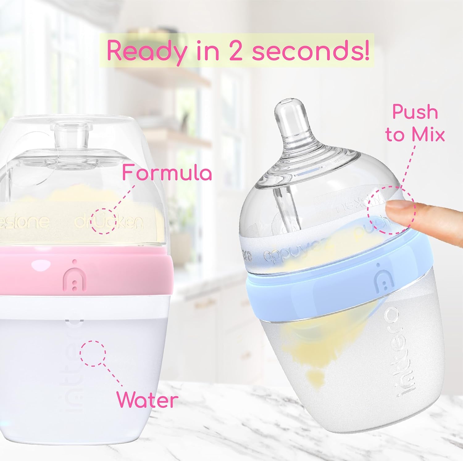 Anti-Colic Formula Making Dispenser Baby Bottles, 9Oz with Flow 2 Nipples, 2Pk, Cute Blue Baby Essentials — Formula Dispensing Bottles — Biberones — Popyummy Mixie — Easy Baby Brezz